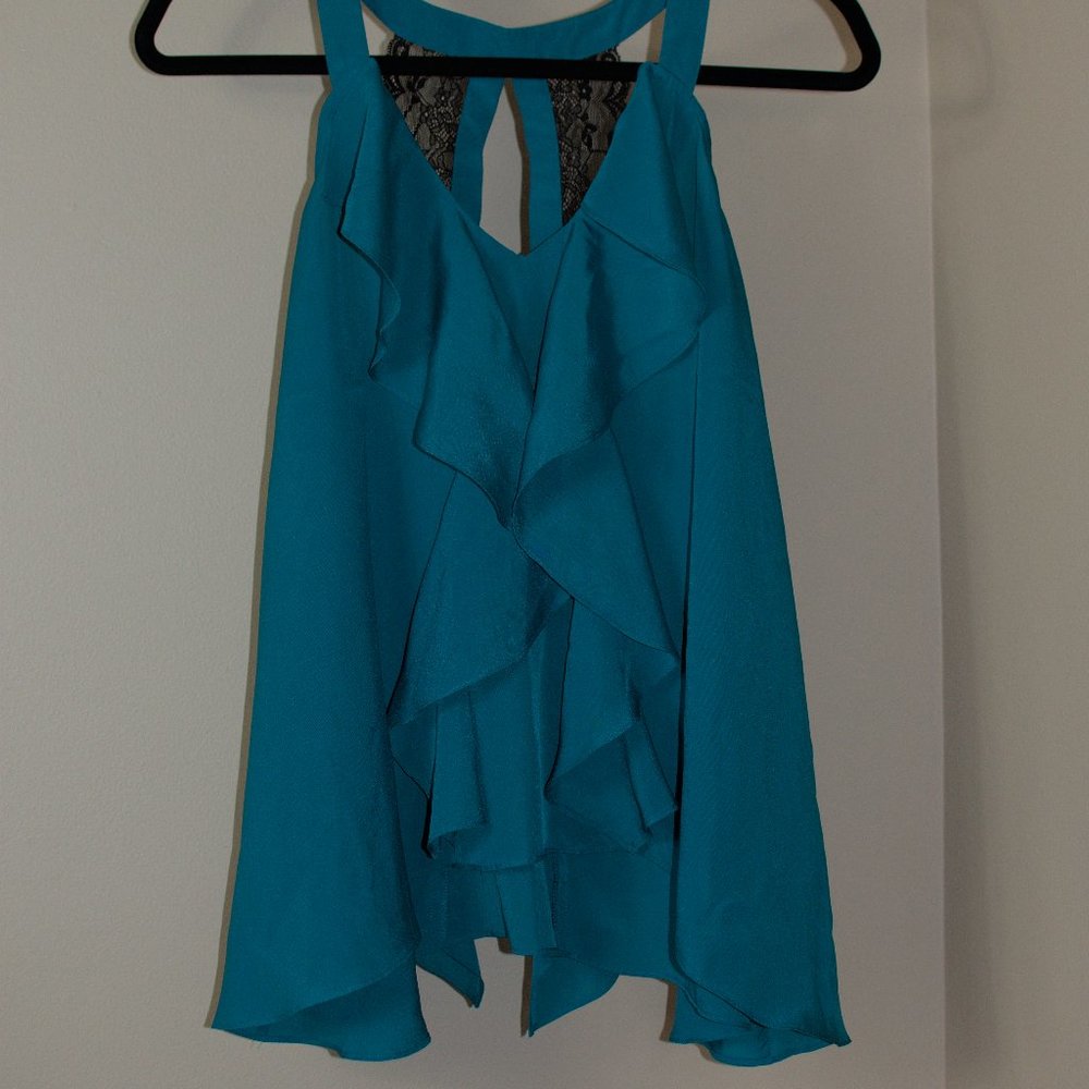 BCBGeneration turquoise flowy ruffled tank top with back lace detail - S